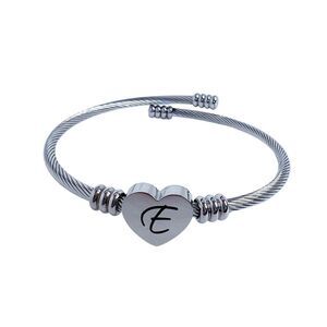 Heart Cable Letter E Initial Bracelet Silver Adjustable Cursive